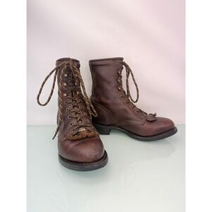 Double H Brown Leather Lace Up Packer Western Work Boots Women's 6.5 Made in USA